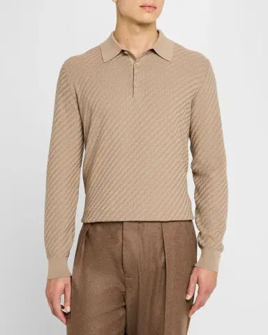 Brioni Men's Basketweave Polo Sweater | Thumbnail 3