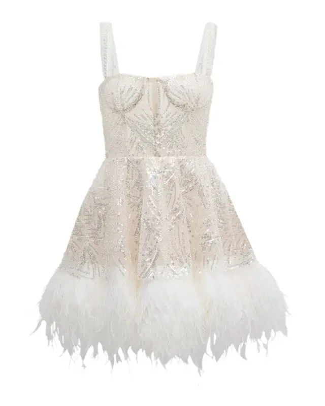 Bronx Banco Mademoiselle Beaded Feather-Trim Mini Dress