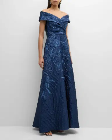 Rickie Freeman for Teri Jon Off-Shoulder Metallic Jacquard Gown | Thumbnail 2