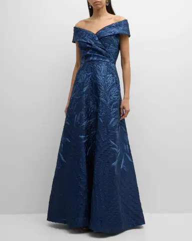 Rickie Freeman for Teri Jon Off-Shoulder Metallic Jacquard Gown | Thumbnail 3
