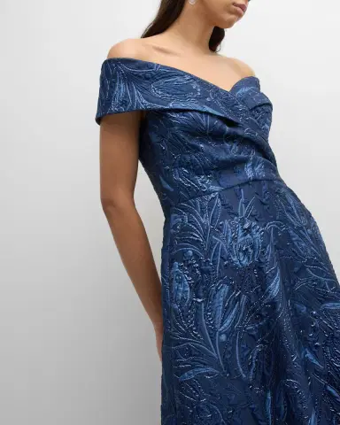 Rickie Freeman for Teri Jon Off-Shoulder Metallic Jacquard Gown | Thumbnail 7
