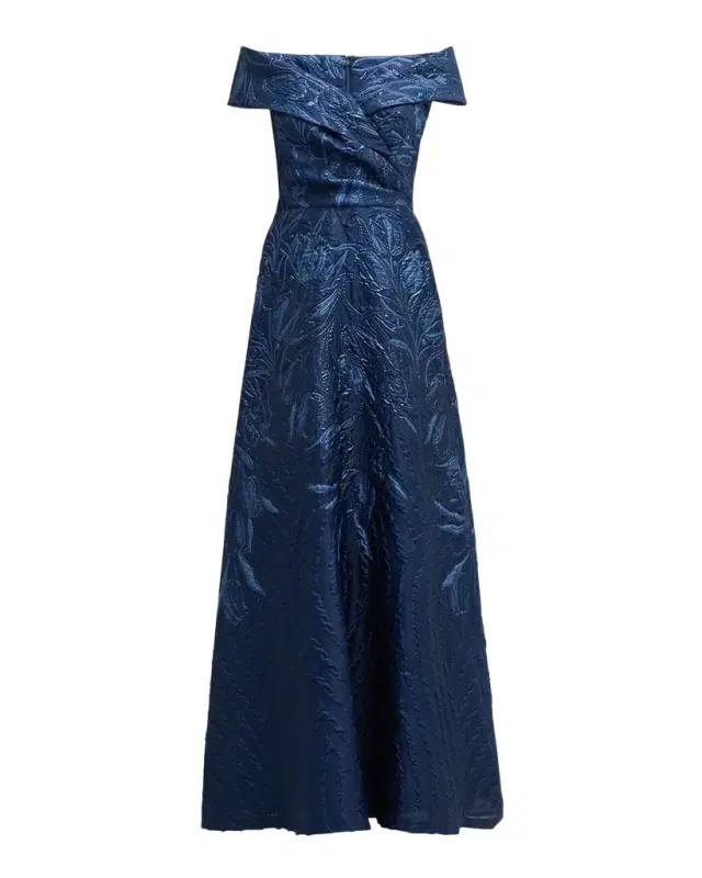 Rickie Freeman for Teri Jon Off-Shoulder Metallic Jacquard Gown