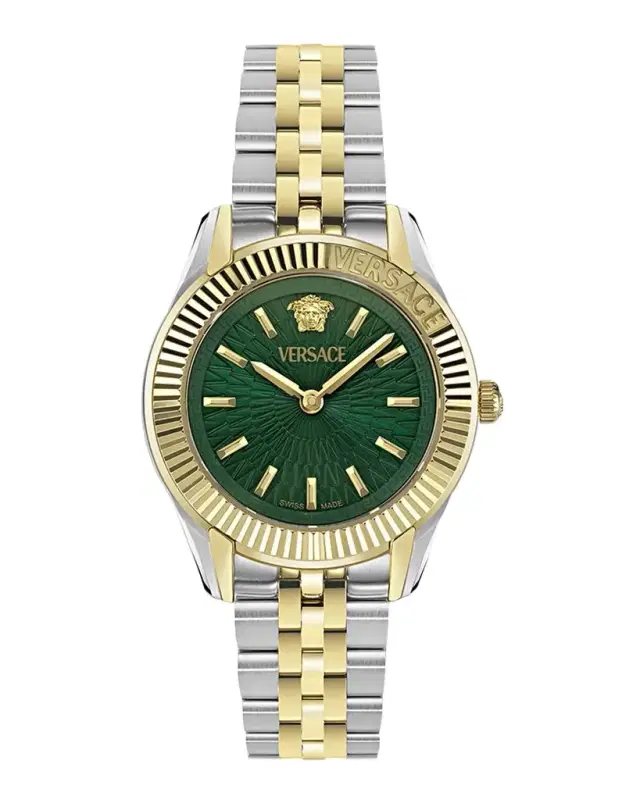 Versace 30mm Greca Time Watch with Bracelet Strap, Two Tone/Green