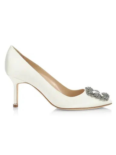 Manolo Blahnik Women's Hangisi 70MM Crystal-Embellished Satin Pumps - White - Size 5.5 | Thumbnail 1 Manolo Blahnik Women's Hangisi 70MM Crystal-Embellished Satin Pumps - White - Size 5.5 | Thumbnail 1