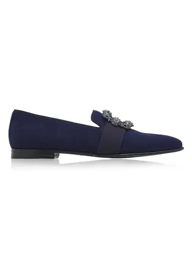 Manolo Blahnik Men's Carlton Crystal-Buckle Loafers - Navy - Size 11.5 | Thumbnail 1 Manolo Blahnik Men's Carlton Crystal-Buckle Loafers - Navy - Size 11.5 | Thumbnail 1