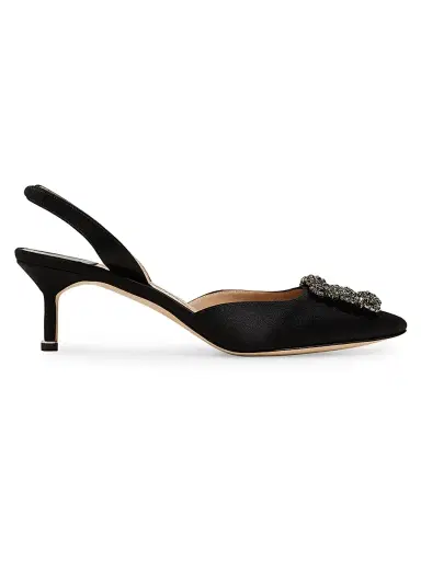 Manolo Blahnik Women's Hangisli 50MM Jewel Buckle Satin Pumps - Black - Size 10.5 | Thumbnail 1 Manolo Blahnik Women's Hangisli 50MM Jewel Buckle Satin Pumps - Black - Size 10.5 | Thumbnail 1