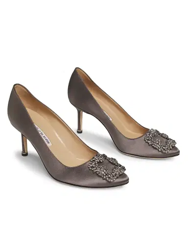 Manolo Blahnik Women's Hangisi 70MM Crystal-Embellished Satin Pumps - Dark Grey - Size 8 | Thumbnail 2