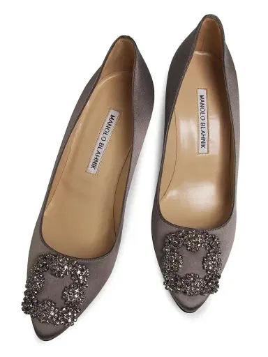 Manolo Blahnik Women's Hangisi 70MM Crystal-Embellished Satin Pumps - Dark Grey - Size 8 | Thumbnail 4