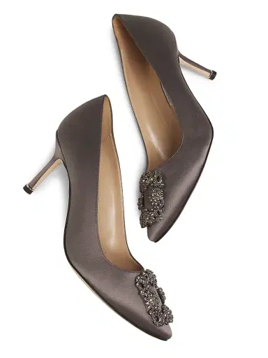 Manolo Blahnik Women's Hangisi 70MM Crystal-Embellished Satin Pumps - Dark Grey - Size 8 | Thumbnail 6