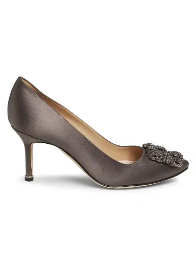 Manolo Blahnik Women's Hangisi 70MM Crystal-Embellished Satin Pumps - Dark Grey - Size 8 | Thumbnail 1
