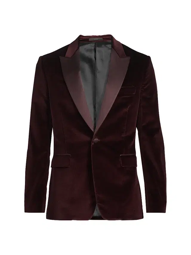 Men's Velvet One-Button Jacket - Dark Red