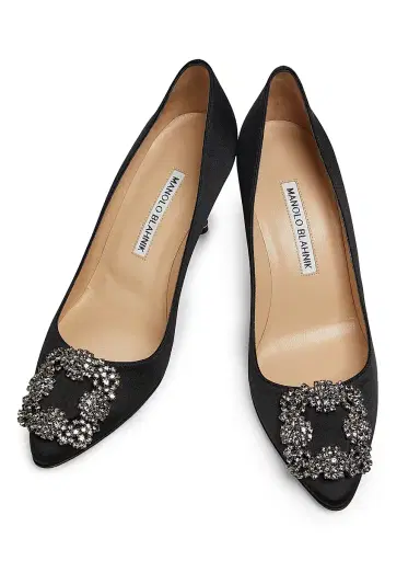 Manolo Blahnik Women's Hangisi 70MM Crystal-Embellished Satin Pumps - Black - Size 10.5 | Thumbnail 4