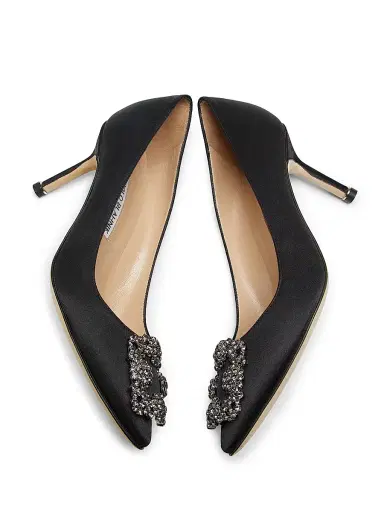 Manolo Blahnik Women's Hangisi 70MM Crystal-Embellished Satin Pumps - Black - Size 10.5 | Thumbnail 6