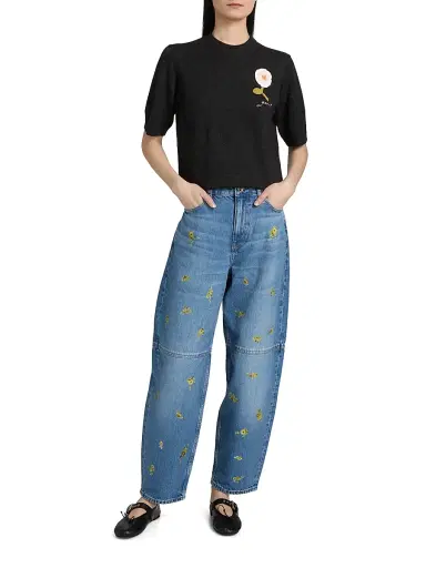 Ganni Women's Floral Crochet Wool-Cotton T-Shirt | Thumbnail 2