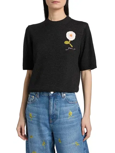 Ganni Women's Floral Crochet Wool-Cotton T-Shirt | Thumbnail 3