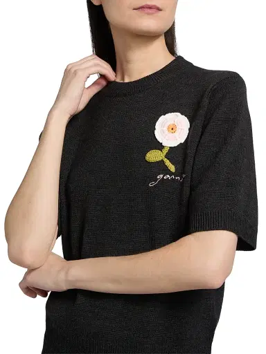 Ganni Women's Floral Crochet Wool-Cotton T-Shirt | Thumbnail 6