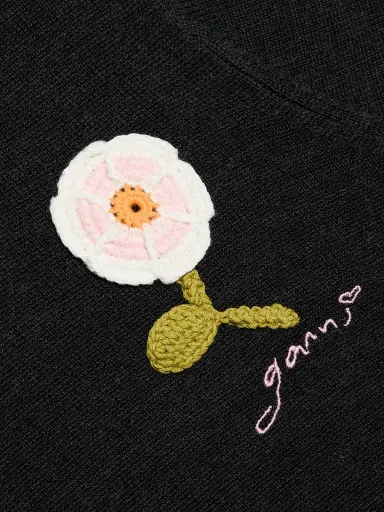 Ganni Women's Floral Crochet Wool-Cotton T-Shirt | Thumbnail 7