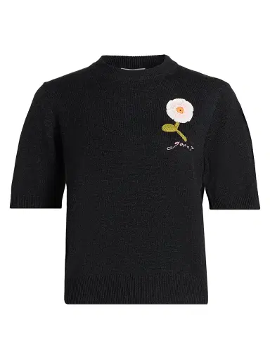Ganni Women's Floral Crochet Wool-Cotton T-Shirt | Thumbnail 1