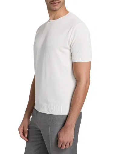 Canali Men's Contrast Tipped Knit Crewneck T-Shirt - White | Thumbnail 4 Canali Men's Contrast Tipped Knit Crewneck T-Shirt - White | Thumbnail 4