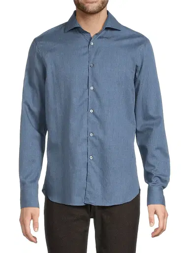 Canali Men's Solid Herringbone Woven Cotton Shirt - Dark Blue | Thumbnail 3 Canali Men's Solid Herringbone Woven Cotton Shirt - Dark Blue | Thumbnail 3
