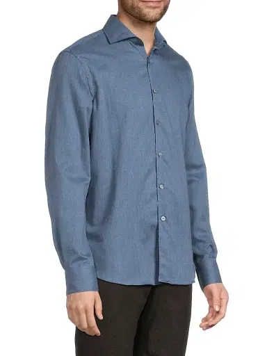 Canali Men's Solid Herringbone Woven Cotton Shirt - Dark Blue | Thumbnail 4 Canali Men's Solid Herringbone Woven Cotton Shirt - Dark Blue | Thumbnail 4