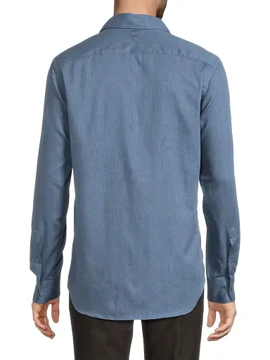 Canali Men's Solid Herringbone Woven Cotton Shirt - Dark Blue | Thumbnail 5 Canali Men's Solid Herringbone Woven Cotton Shirt - Dark Blue | Thumbnail 5
