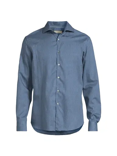 Canali Men's Solid Herringbone Woven Cotton Shirt - Dark Blue | Thumbnail 1 Canali Men's Solid Herringbone Woven Cotton Shirt - Dark Blue | Thumbnail 1