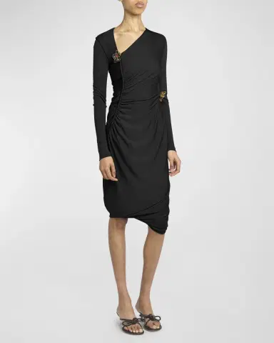 Bottega Veneta Flower-Applique Long-Sleeve Ruched Matte Crepe Viscose Jersey Dress | Thumbnail 2 Bottega Veneta Flower-Applique Long-Sleeve Ruched Matte Crepe Viscose Jersey Dress | Thumbnail 2
