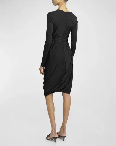 Bottega Veneta Flower-Applique Long-Sleeve Ruched Matte Crepe Viscose Jersey Dress | Thumbnail 3 Bottega Veneta Flower-Applique Long-Sleeve Ruched Matte Crepe Viscose Jersey Dress | Thumbnail 3