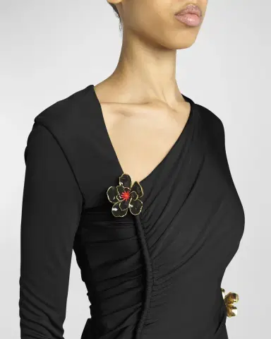 Bottega Veneta Flower-Applique Long-Sleeve Ruched Matte Crepe Viscose Jersey Dress | Thumbnail 4 Bottega Veneta Flower-Applique Long-Sleeve Ruched Matte Crepe Viscose Jersey Dress | Thumbnail 4