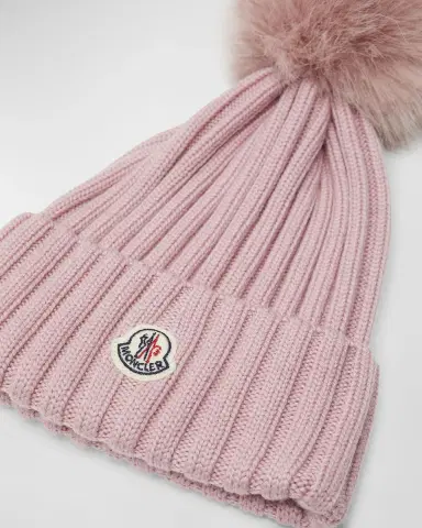 Moncler Ribbed Wool Beanie with Faux Fur Pom | Thumbnail 3
