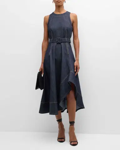 Cinq a Sept Zelda Belted Asymmetric Sleeveless Denim Midi Dress | Thumbnail 3