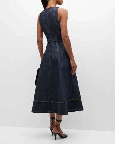 Cinq a Sept Zelda Belted Asymmetric Sleeveless Denim Midi Dress | Thumbnail 6