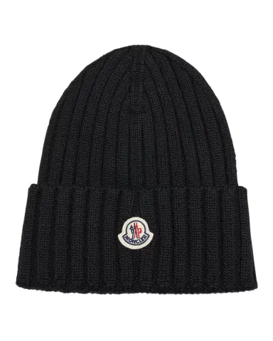 Moncler Logo Ribbed Wool Beanie | Thumbnail 1 Moncler Logo Ribbed Wool Beanie | Thumbnail 1