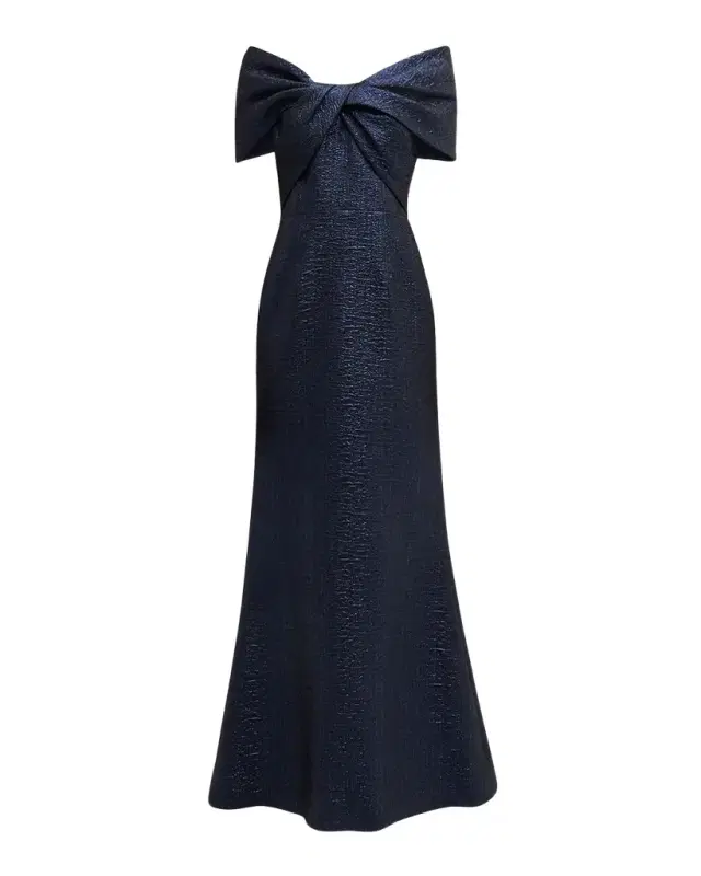 Rickie Freeman for Teri Jon Off-Shoulder Metallic Jacquard Mermaid Gown