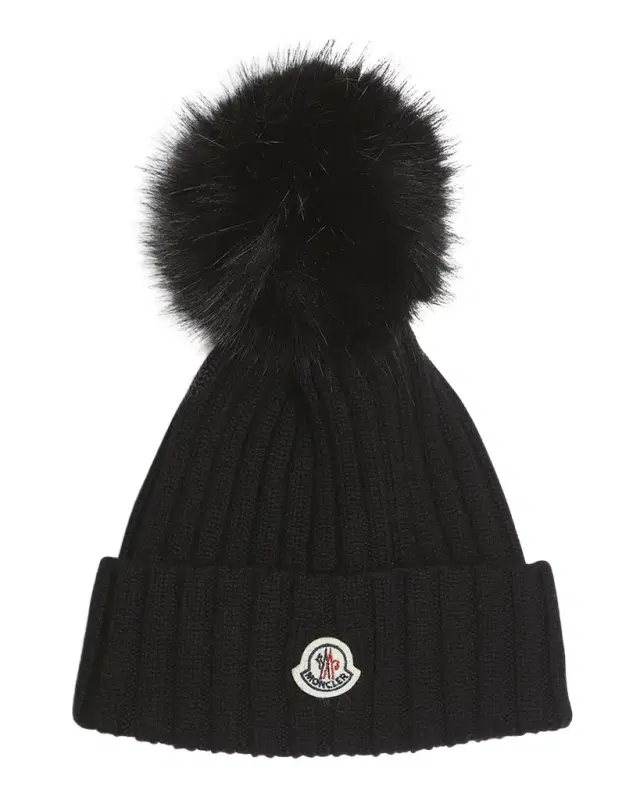 Moncler Ribbed Wool Beanie with Faux Fur Pom