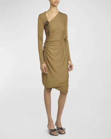 Bottega Veneta Flower-Applique Long-Sleeve Ruched Matte Crepe Viscose Jersey Dress | Thumbnail 2 Bottega Veneta Flower-Applique Long-Sleeve Ruched Matte Crepe Viscose Jersey Dress | Thumbnail 2