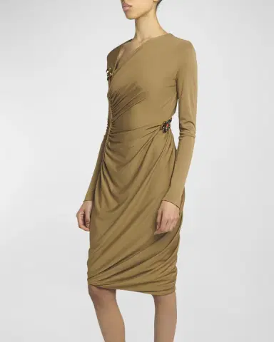 Bottega Veneta Flower-Applique Long-Sleeve Ruched Matte Crepe Viscose Jersey Dress | Thumbnail 3 Bottega Veneta Flower-Applique Long-Sleeve Ruched Matte Crepe Viscose Jersey Dress | Thumbnail 3