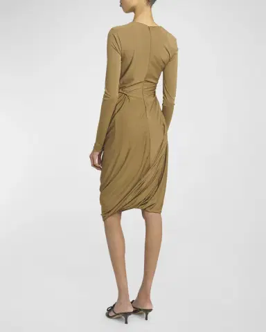 Bottega Veneta Flower-Applique Long-Sleeve Ruched Matte Crepe Viscose Jersey Dress | Thumbnail 4 Bottega Veneta Flower-Applique Long-Sleeve Ruched Matte Crepe Viscose Jersey Dress | Thumbnail 4
