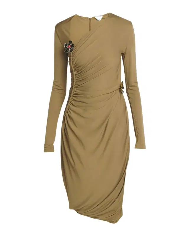 Bottega Veneta Flower-Applique Long-Sleeve Ruched Matte Crepe Viscose Jersey Dress