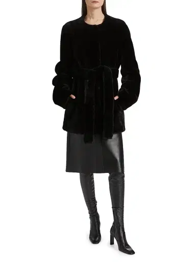 Toteme Women's Plush Shearling Tie-Waist Jacket - Black | Thumbnail 2