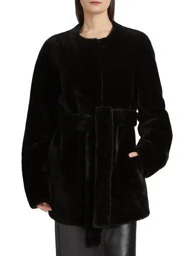 Toteme Women's Plush Shearling Tie-Waist Jacket - Black | Thumbnail 3