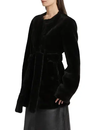 Toteme Women's Plush Shearling Tie-Waist Jacket - Black | Thumbnail 4