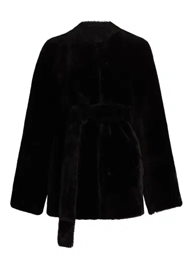 Toteme Women's Plush Shearling Tie-Waist Jacket - Black | Thumbnail 1