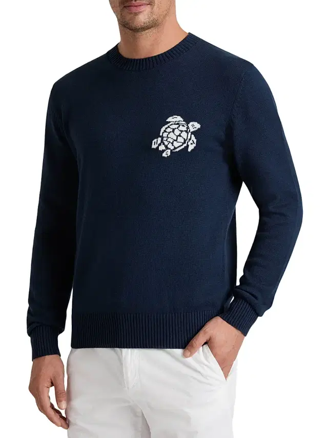 Men's Turtle Cotton-Cashmere Crewneck Sweater - Navy
