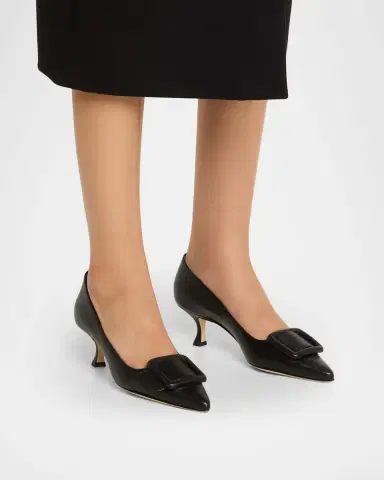 Manolo Blahnik Maysale Leather Buckle Kitten Pumps | Thumbnail 2