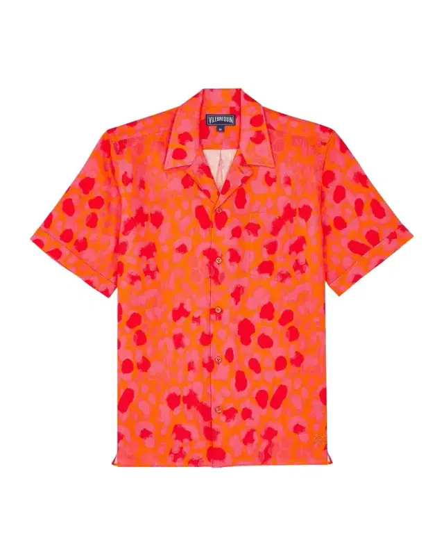 Men 's New Leopard Linen Camp Shirt