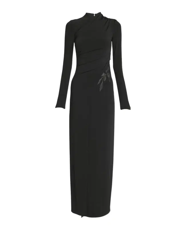 Jersey Column Gown with Beaded Floral Hip Detail