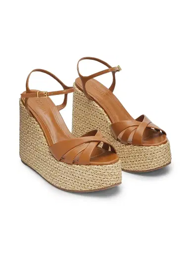 Schutz Women's Keefa 120MM Leather-Raffia Wedge Sandals - Burnt Honey - Size 11 | Thumbnail 2