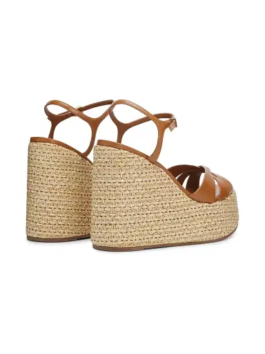 Schutz Women's Keefa 120MM Leather-Raffia Wedge Sandals - Burnt Honey - Size 11 | Thumbnail 3